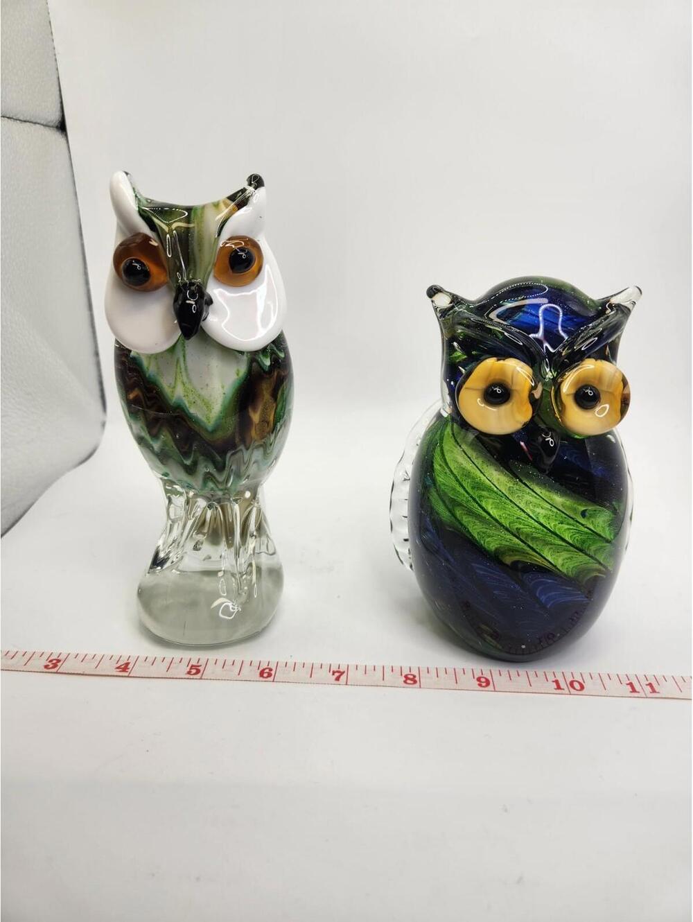 Lot of 2-Hand Blown OWL Figurines Murano Style Gold Blue Green